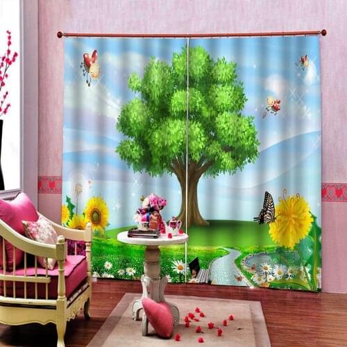 Custom Cartoon Green tree Blackout 3D Curtains Photo Print For Childrens room Bedroom Animal Bee butterfly Drapes Decor Sets