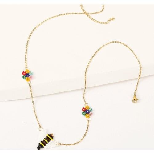 Creative Design Fashion Handmade Miyuki Beaded Flower Bee Necklaces & Pendants For Women Gold Chain Stainless Steel Necklace
