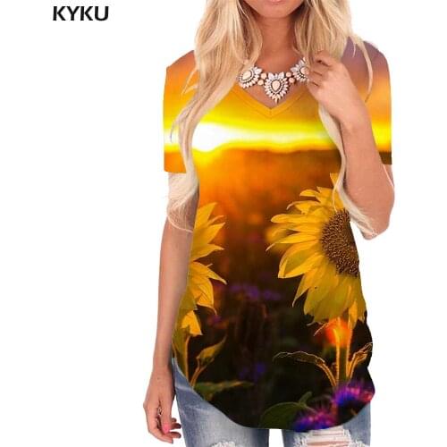 KYKU Sunflower T-shirt women Cloud V-neck Tshirt Sun Tshirts Printed Romantic Shirt Print Womens Clothing Fashion Loose Style