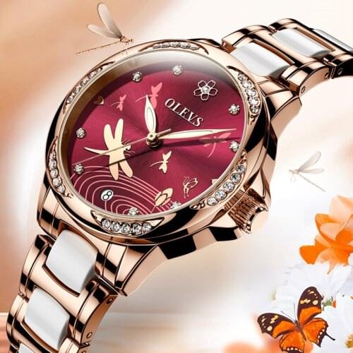 OLEVS Automatic Watch for Women Fashion Ceramic Dress Mechanical Diamond Simple Waterproof Luminous Ladies Wristwatch 2021