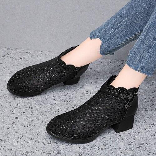 Autuspin Shiny Crystal Ankle Boots Women Shoes Genuine Leather High Heels Booties Fashion Side Zipper Summer Short Boots Woman