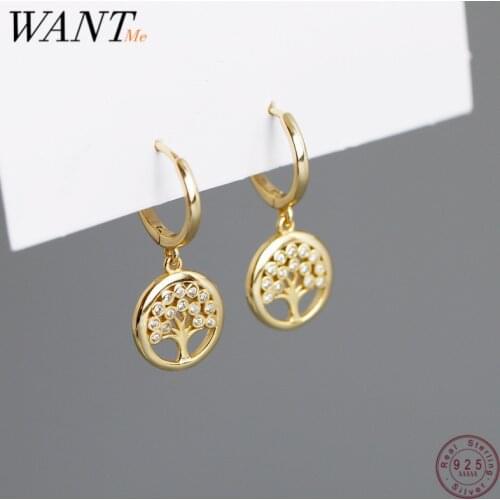 WANTME New Trendy Real 925 Sterling Silver White CZ Round Tree of Life Tassel Stud Earrings for Women Party Wedding Jewelry 2020