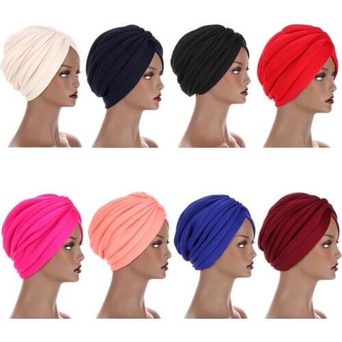 Women Cotton Turban Hijab Solid Bandana Sleep Cap Headwear Beanie Indian Pleated Hat Chemo Cancer Bonnet Hijab Wrap Headscarf