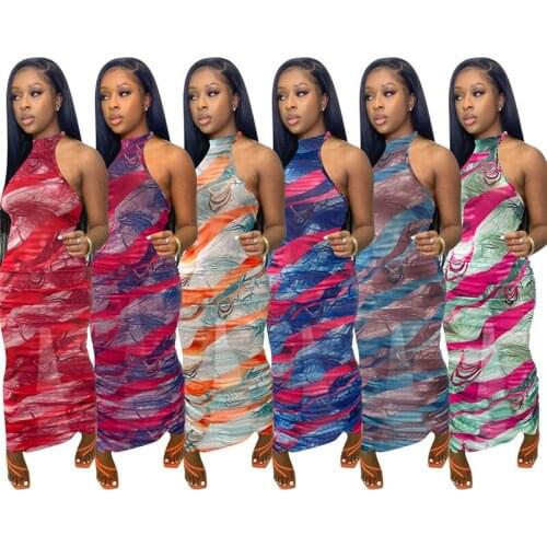 Tie Dye Printed Off Shoulder Halter Neck Long Dress Summer Sleeveless Sheer Mesh Ruched Long Maxi Pencil Dress Club Bodycon