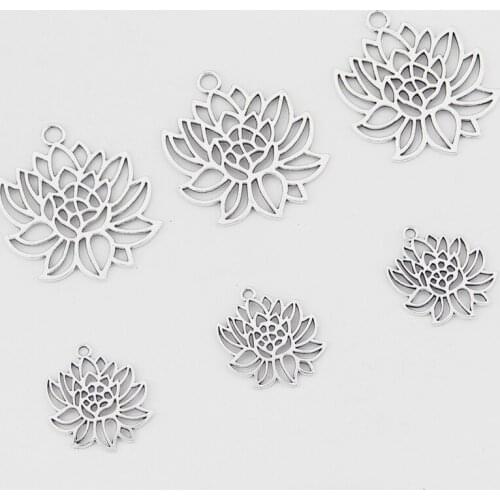 10PCS Antique Tone Hollow Open Lotus Flower Charms Pendants Beads fro Necklace Jewelry Findings