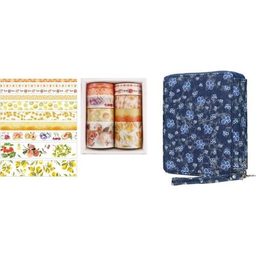 10Pcs/Set Decorative Kawaii Washi Tape Set E & 1X 120 Slots Colored Pencil Case Oxford Fabric Pen Case(Denim Floret)