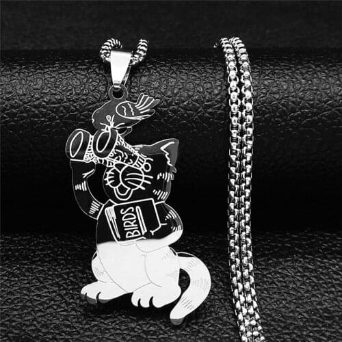 2021 Fashion Stainless Steel Animal Cat Bird Pendant Necklace for Men/Women Silver Color Jewelry collier femme N4272S01