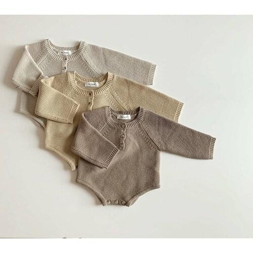 2021 Spring New Toddler Baby Boys Girls Knitted Bodysuit Infant Jumpsuit Knitwear Outfits Newborn Baby Sweater And Baby Knit Hat