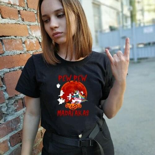 2021 Pew Pew Madafakas Finger Guns Print T-Shirt Halloween Gifts Cartoon Animal Unicorn Graphic Tops Casual Cotton Women Tee