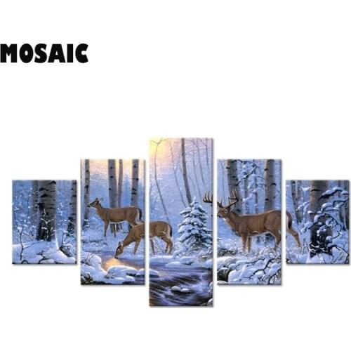 5 Pieces diamond painting snow forest elf deer mosaic set full square / round diamond embroidery rhinestones Landscape