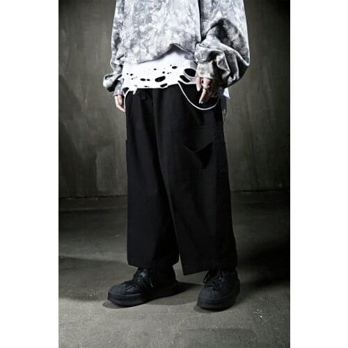 Large mens spring and summer new solid color big pocket loose fashion trend quarter wide leg pants casual pants skirt pants