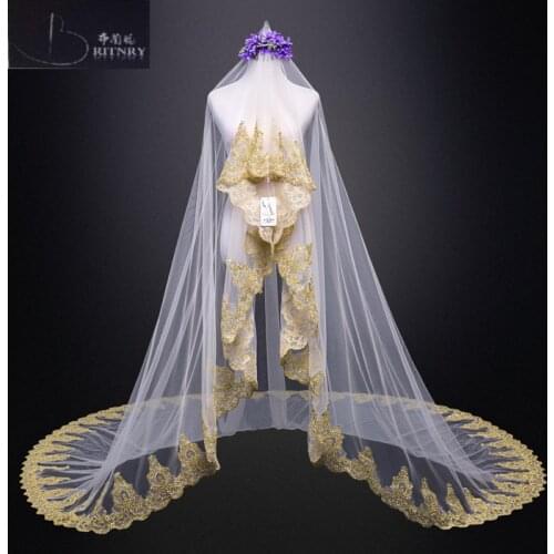 Cheap Cathedral Wedding Veil Gold Lace Edge vestido de noiva Bride Veil