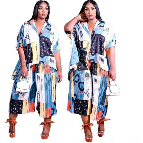 Elegant Colorful Print Loose Two Piece Set Plus Size Turn-down Collar Single-breasted Shirts Pleated Shorts Outfits 2021 Autumn
