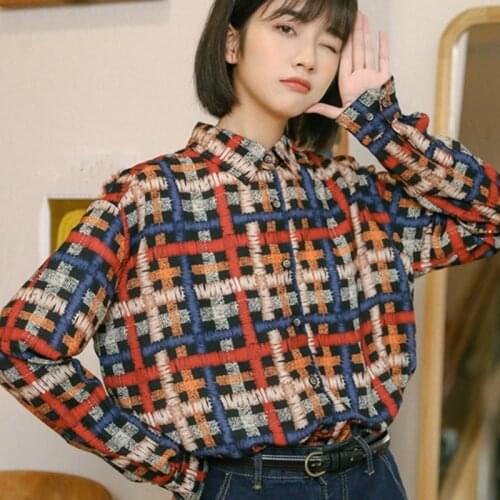 Kawaii Women Loose Shirt Ladies Casual Printed Tops And Shirts Female Korean Long Sleeves Plaid Blouses Chic