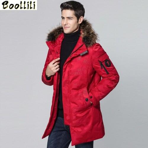 Boollili Winter Jacket Men Fashions Mens Duck Down Jacket Racoon Fur Collar Long Camouflage Red Coat Casaco Masculino