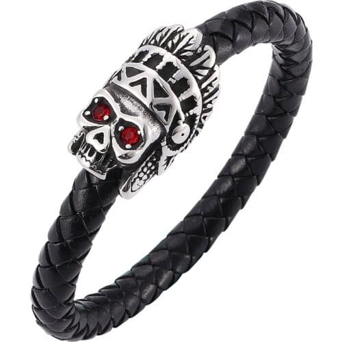 Punk Men Jewelry Genuine Leather Bracelets Skull Stainless Steel Magnetic Clasp Bracelets Fashion Wristband for Male Gift PD0073