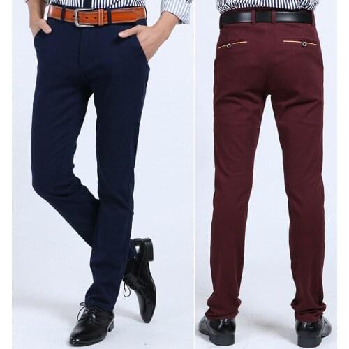 Mens casual pants fitness straight cotton blends long trousers plus size 2019 spring fall elastic navy wine young slacks