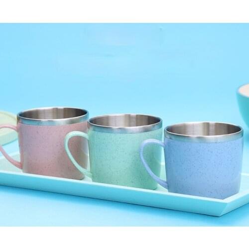 Stainless Steel Wheat Straw Environmental Water Cup Children Breakfast Handle Eco-Friendly Milk Drink Cup for Baby Child Adult