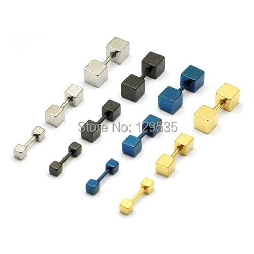 New Fashion 3 4 5mm width Cube titanium steel New Punk Men screw cool earrings 4 colors