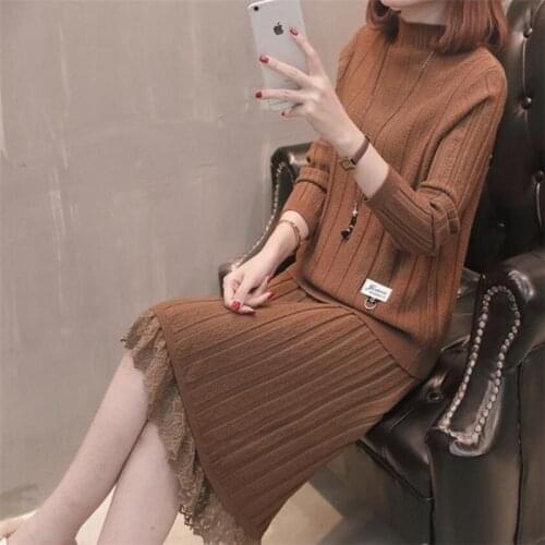 2020 New Knitted Dress Two-pieces Sets Lace Patchwork Bottoming Dress Women Autumn Winter New Fashion Long-sleeved Sweater