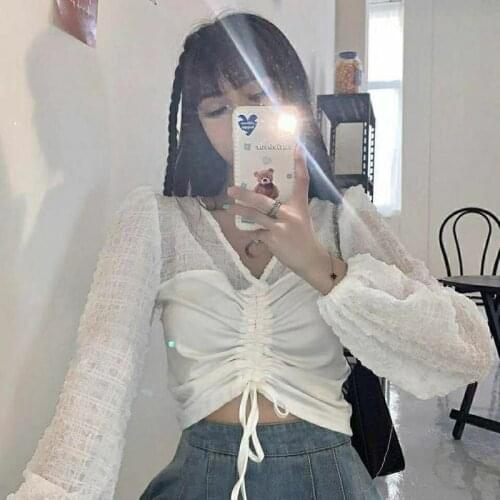 New Autumn Drawstring Patchwork Shirts Women Long Sleeve Fashion Chiffon Blouses Crop Tops Ladies T-shirts Blusas Mujer Tees XL