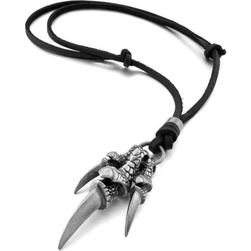 Alloy Leather Pendant Necklace Dragon Claw Gothic Adjustable 16 ~ 26 Inch Chain Man, Woman Silver Black