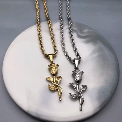 New Design Rose Flower Pendant Vintage Stainless Steel Flower Charms Rope Necklace Unisex Hip Hop Jewelry Twist Rose Necklace