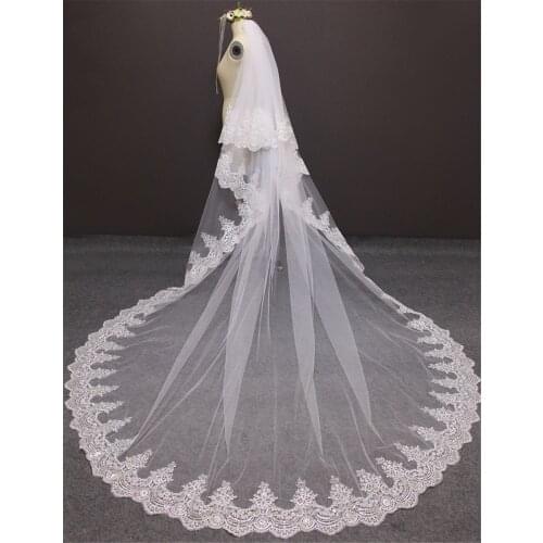 3 Meters one Layers Full Edge with Sequins Blings Sparkling Lace Luxury Long Wedding Veils 2019 White Ivory Bridal Veil
