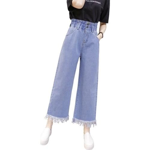 High-waist Womens Denim Wide-leg Pants Plus size Spring Autumn Loose Tassel Nine-point Jeans Casual Female Trousers Streetwear
