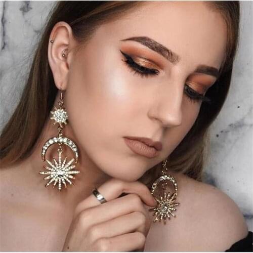 Retro grand luxury Sun Moon Star Earrings Rhinestone punk womens Earrings Jewelry Gold Bohemian retro statement Earrings