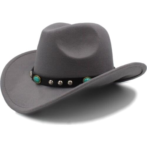 Wool Hollow Western Cowboy Hat Roll-up Wide Brim Church Jazz Sombrero Hombre Cowgirl Cap with Punk Belt Size 56-58cm