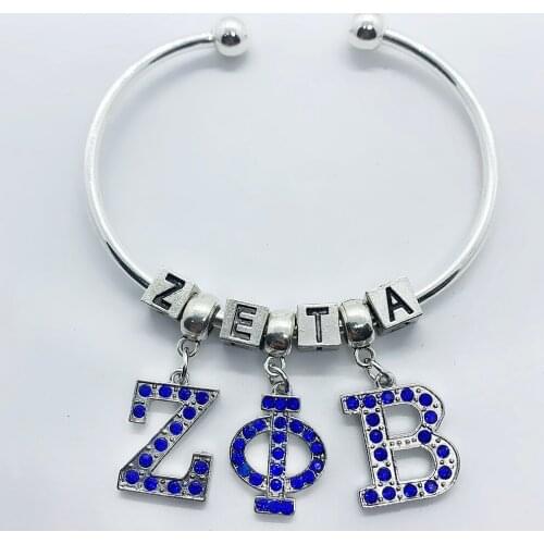 Blue rhinestone inlaid metal Greek letter ZETA PHI BETA pendant big hole beads bracelet sorority society opening wire bangle