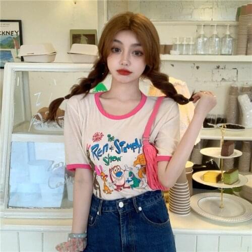 Vintage Cartoon Letter Ins T-shirt Womens T-shirts Tops Japanese Kawaii Ladies Ulzzang Female Korean Harajuku Clothes For Women