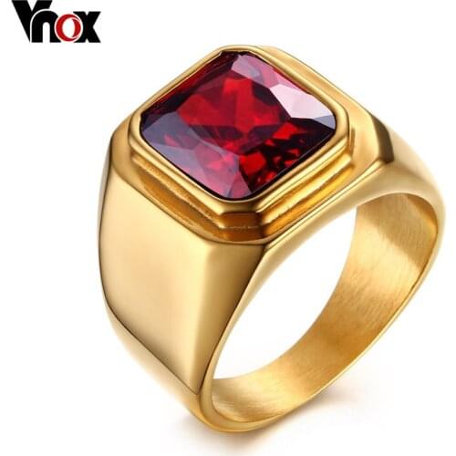 Vnox Punk Square Signet Rings for Men with Cut Red Stone Wedding Ring Male Jewelry Stainless Steel Metal