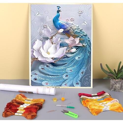 Animal Peacock Printed Water-Soluble Canvas 11CT Cross-Stitch Set Embroidery DMC Threads Handiwork Sewing Hobby Decor