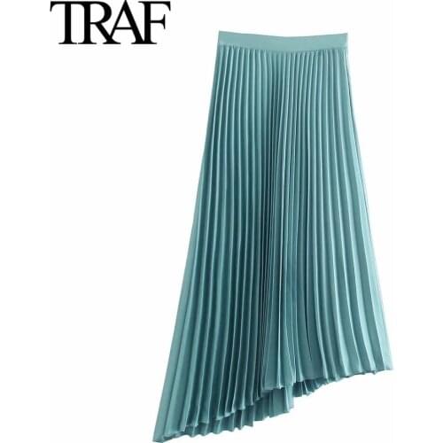 TRAF Women Fashion Pleated Skirts Elastic High Waist Asymmetric Long Midi Skirt Mujer Faldas