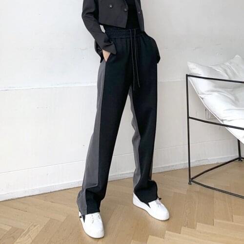 LMQ NEW 2020 Women Contrast Stitching Straight Wide Leg High Waist Sweatpants Casual Simple Elastic Harem Trousers
