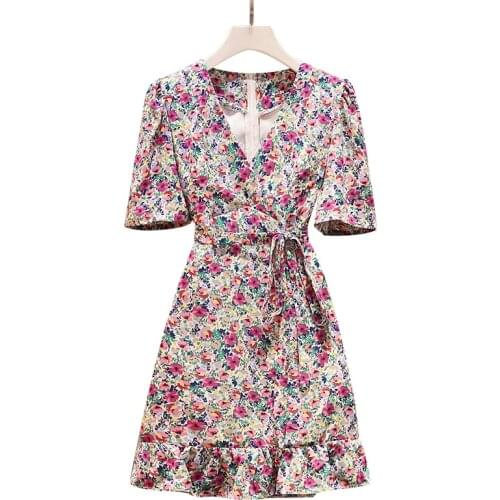 2021 New Summer Women V-Neck Short Sleeve Mini Dress Plus Size Women Clothing Sweet Ruffle Hem Chiffon Floral Dress