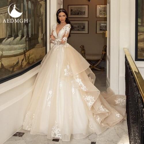 Aedmgh Gorgeous Ruffles Wedding Dresses 2021 V- Neck Long Sleeve Vestido De Novia Ball Gown Court Train Appliques Bridal Gowns