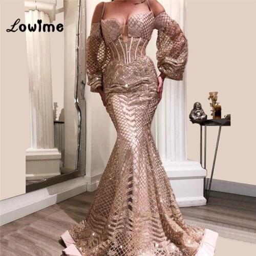Champagne Arabic Evening Dress Formal Gown 2019 Couture Sparkly Mermaid Party Dress Robe De Soiree African Long Prom Dresses New