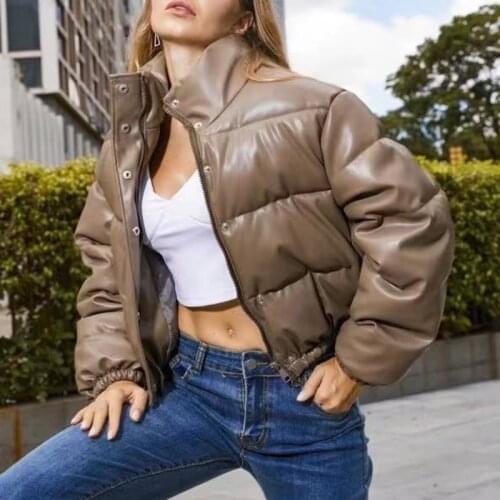 IMCUTE winter warm cotton jacket leather jacket womens stand-up collar zipper single-breasted long-sleeved down jacket Coats