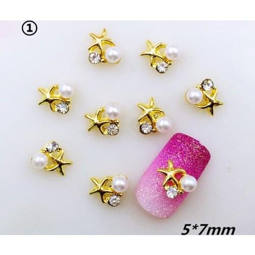 20pcs/pack Japan Alloy Nail Art 3D Gold Starfish with Rhinestone Pearl Metal Accessories for Phototherapy Nail Sticker DIY