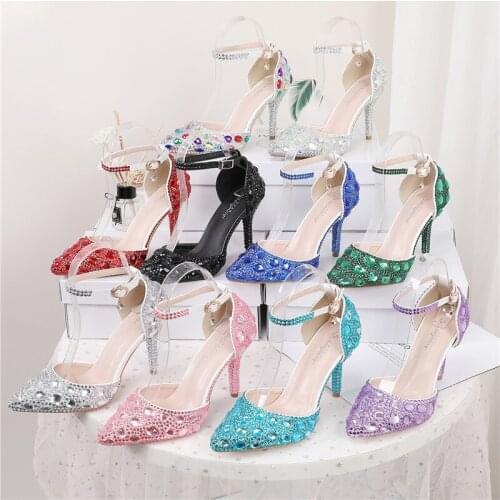 2021 Newest Shoes Rhinestone High Private Custom Heels Women Pumps Pointed Toe Woman Crystal Buckle Strap Party Wedding Shoes9CM