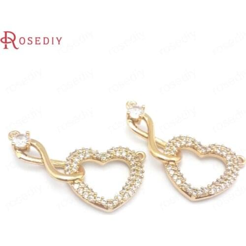 40258)4PCS 20x29MM 24K Champagne Gold Color Brass and Zircon 2 Holes Heart Connect Charms Pendants Diy Jewelry Making Supplies