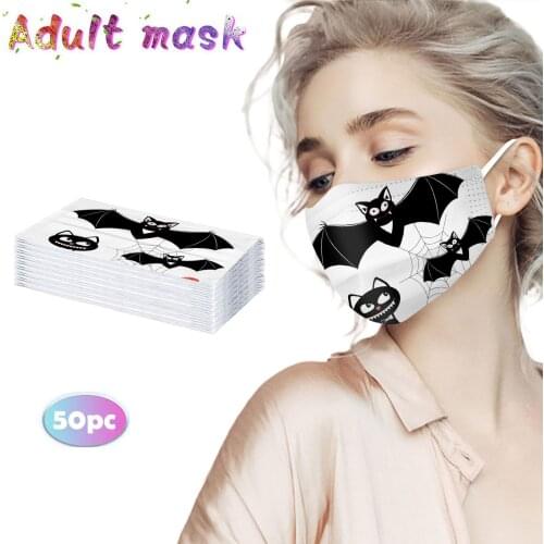 50pcs Halloween Cosplay White Face Mask Adult Halloween Bat Printed 3 Layer Filter Disposable Mask Mascarillas Halloween Costume