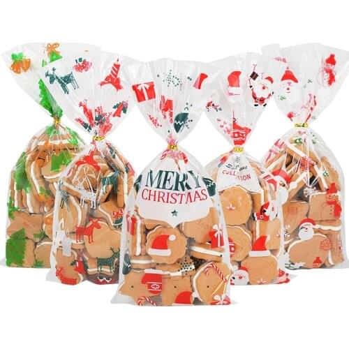 50pcs Santa Claus Christmas Tree Elk PVC Bags Transparent Clear Gift Bag for Christmas Gift Baking Candy Cookie Packaging Bags