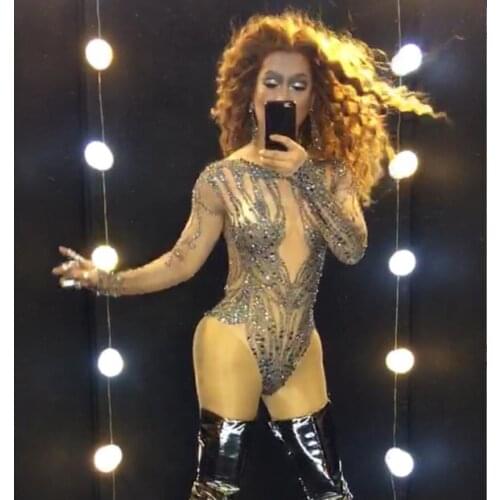 Sparkly Black Crystals Nude Bodysuit Glisten Rhinestones Stretch Leotard Party Celebrate Stage Wear Performance Outfit Costume
