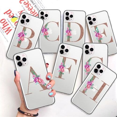 Rose Gold Flower Phone Case for IPhone 11 Pro Max 12 Pro XS Max X XR XS Max 12 Mini Initial Letter A Z Alphabet Soft Coque
