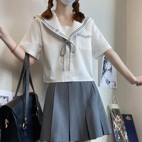 Kawaii Fashion School Girls Uniform Sailor Suit Top Cute Japanese Style Original Jk Summer Cotton Outfit Lace Up Bow 2021 New