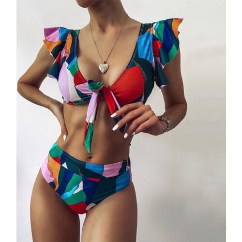 High Waist Ruffled Bikini Set 2021 Sexy Sling Biquini Swimwear Women Two Pieces Swimsuit Floral Beachwear V-neck Bathing Suit
